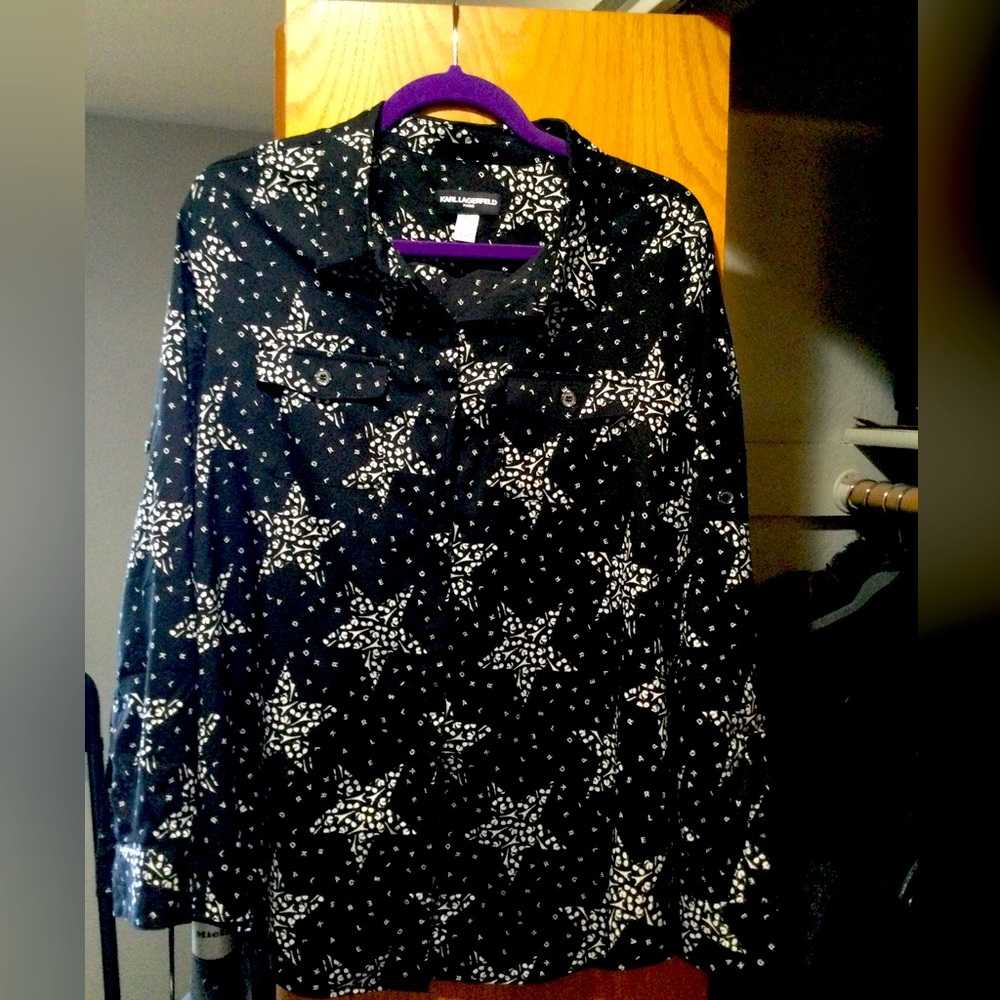 Karl Lagerfeld button up black and white star patterned blouse